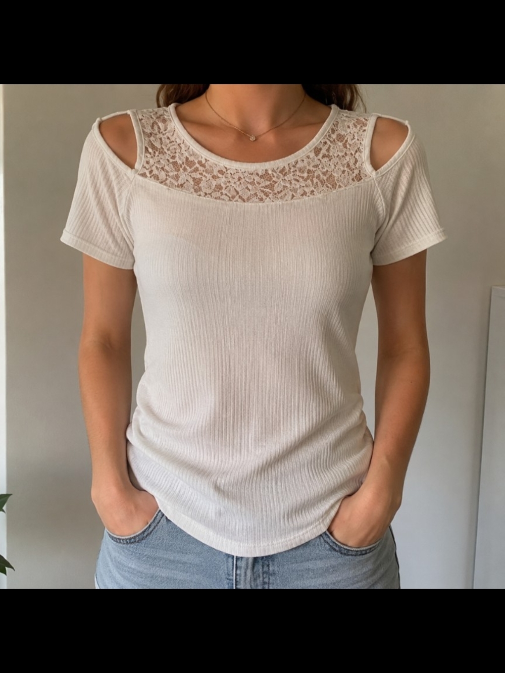Papaya Cream Lace Yoke Cold-Shoulder Ribbed Tee